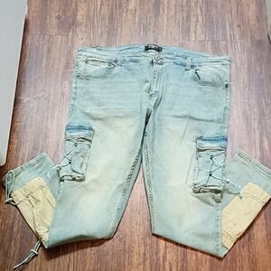 Serenede Mens‎ Light Wash Cargo Denim Jeans Bungee Cord Tan Panel Size 44